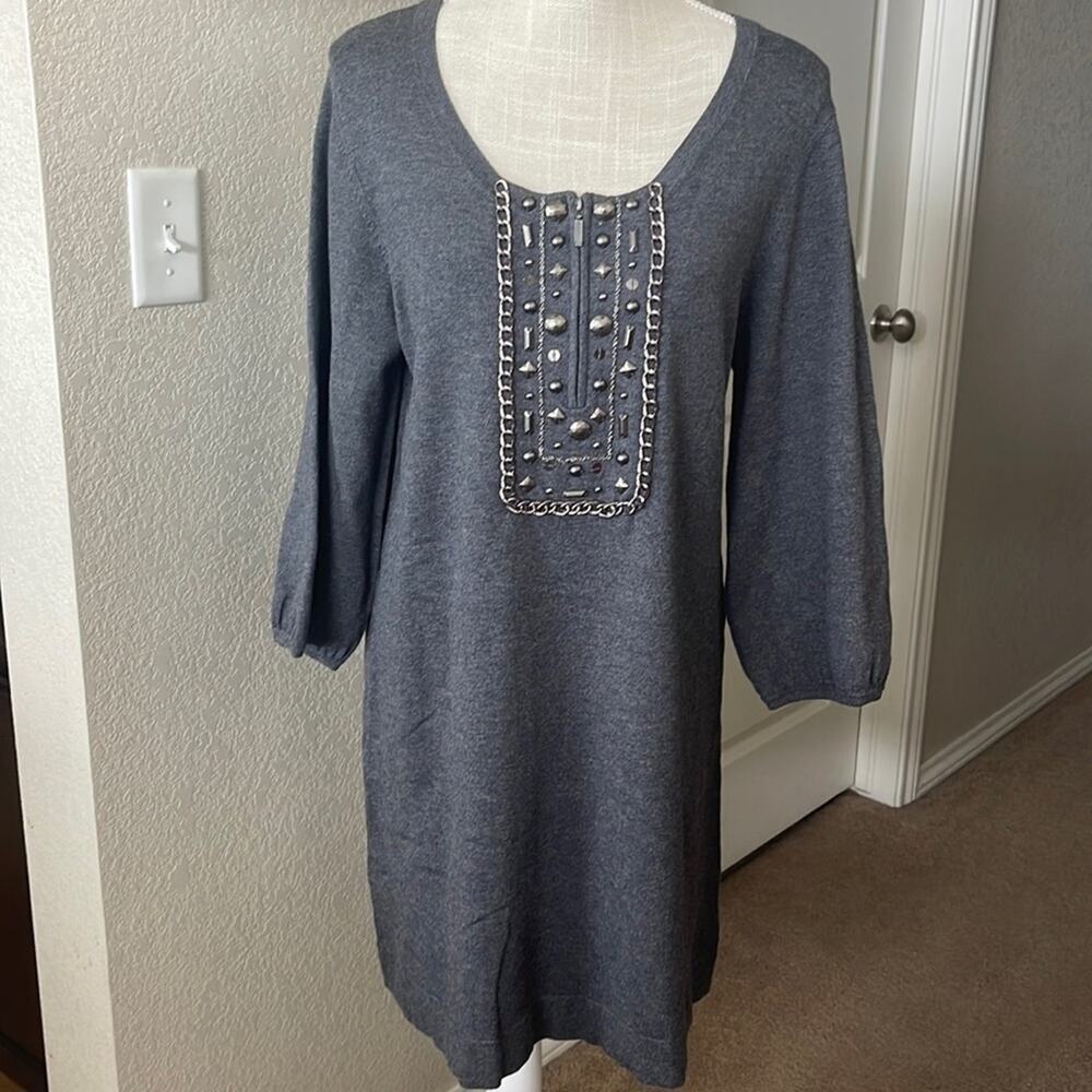 Style & Co. Gray Dress Studded Design Quarter Zip LARGE Boho Western Workwear